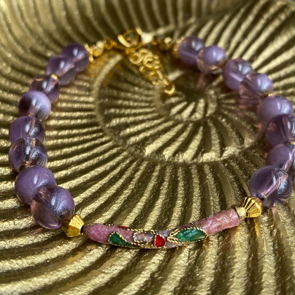 Handmade Purple Glass Round Beads with Vintage Cloisonne Center Piece Bracelet